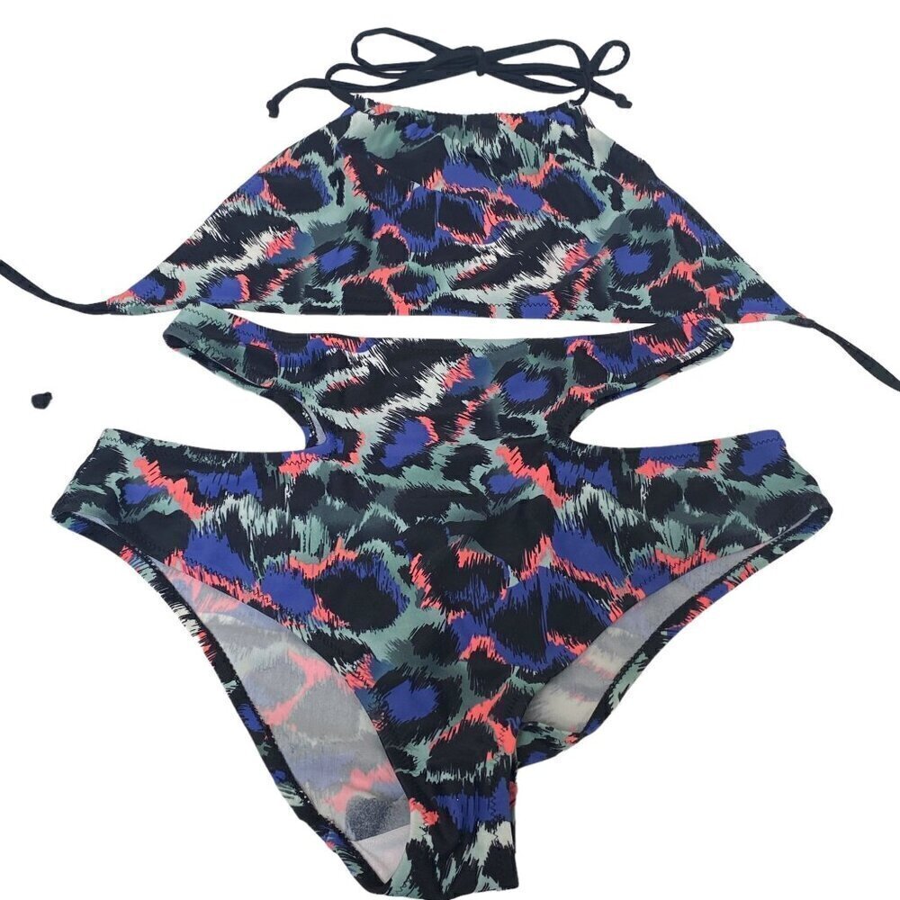 ASOS Bikini 8/10 Halter Cutout Highrise Bottom Leopard Print